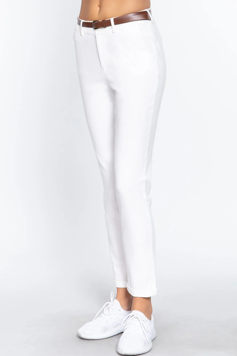 Cotton-span Twill Belted Long Pants - 8 colors