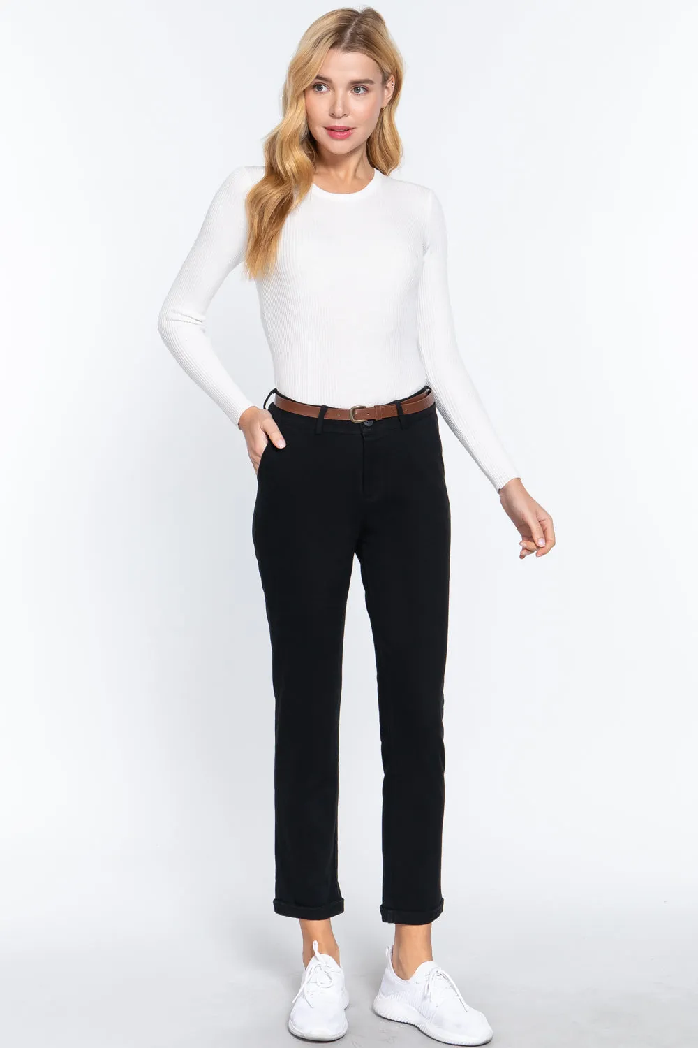 Cotton-span Twill Belted Long Pants - 8 colors