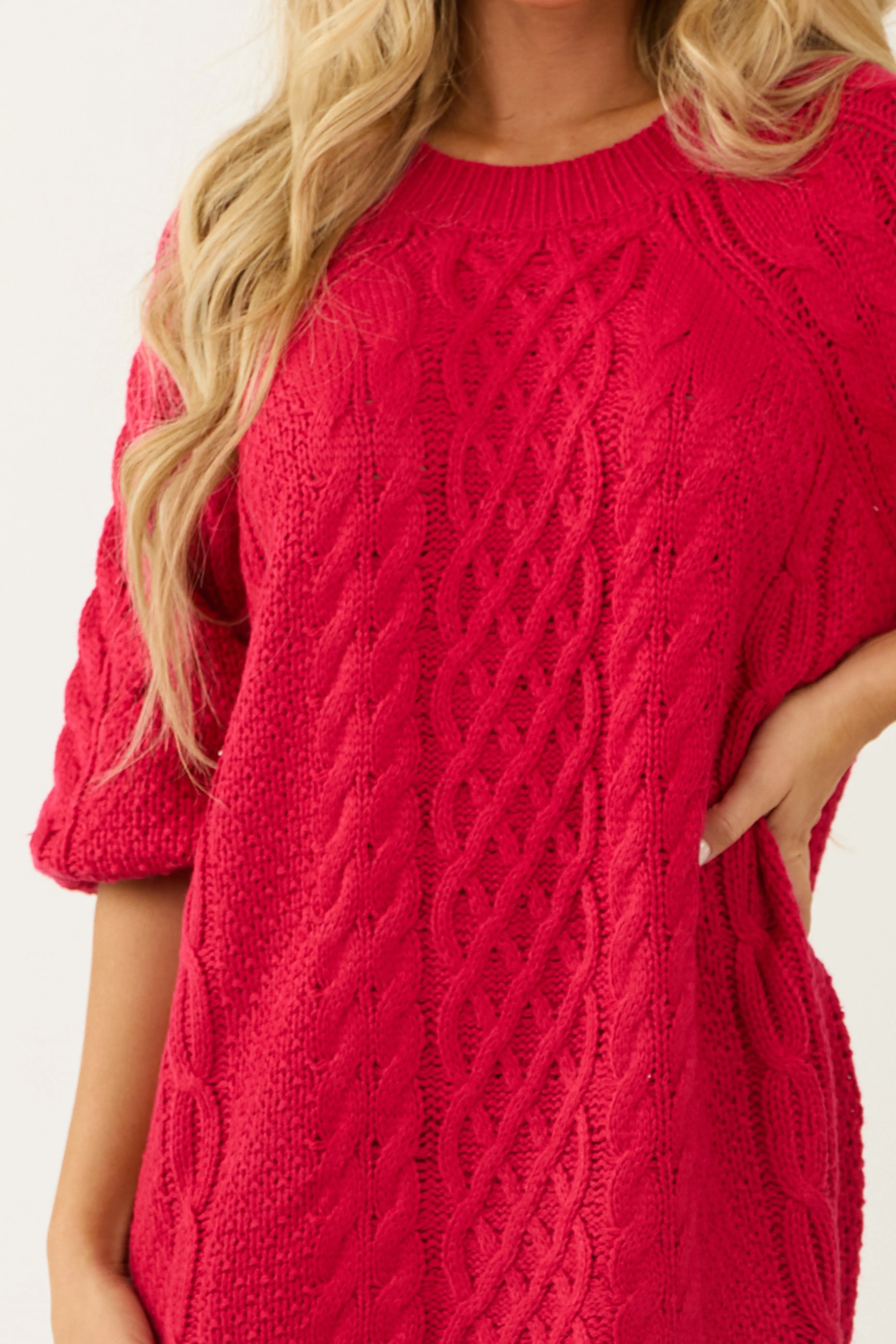 Crimson Long Balloon Sleeve Short Sweater Dress