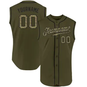 Custom Olive Camo-Black Authentic Sleeveless Salute To Service Baseball Jersey