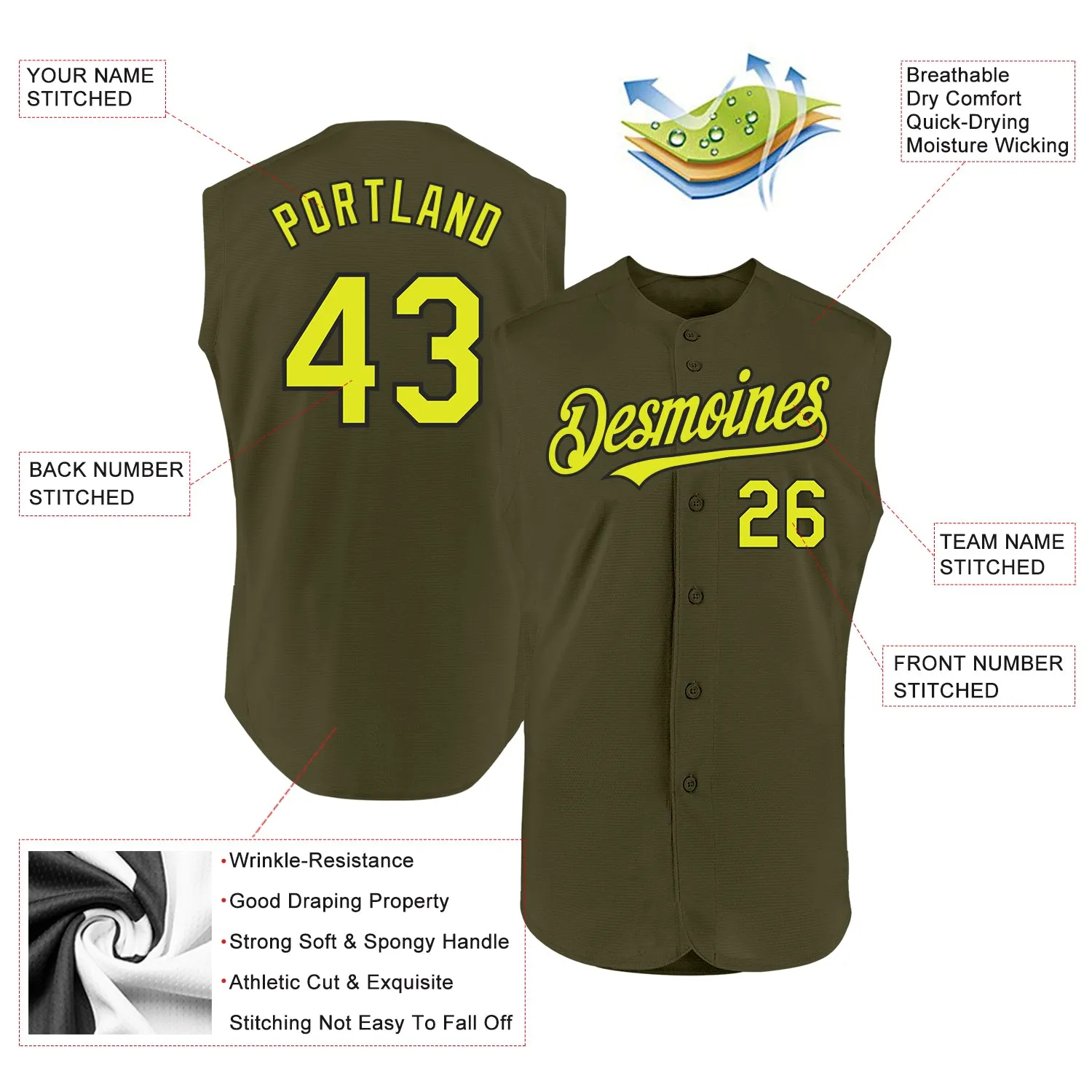 Custom Olive Neon Yellow-Black Authentic Sleeveless Salute To Service Baseball Jersey