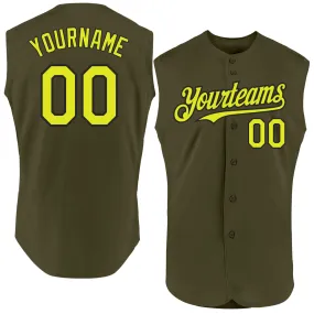 Custom Olive Neon Yellow-Black Authentic Sleeveless Salute To Service Baseball Jersey