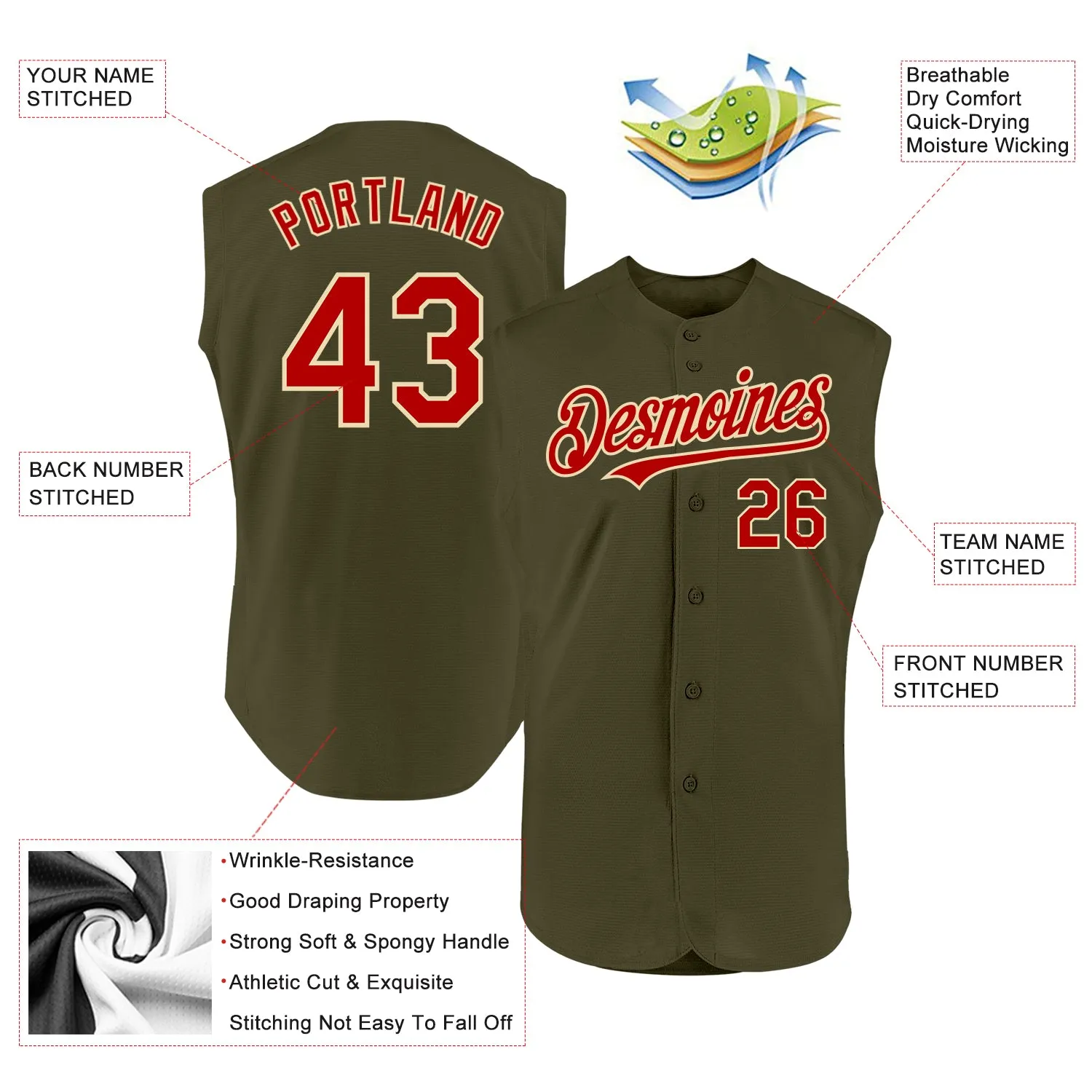 Custom Olive Red-Cream Authentic Sleeveless Salute To Service Baseball Jersey