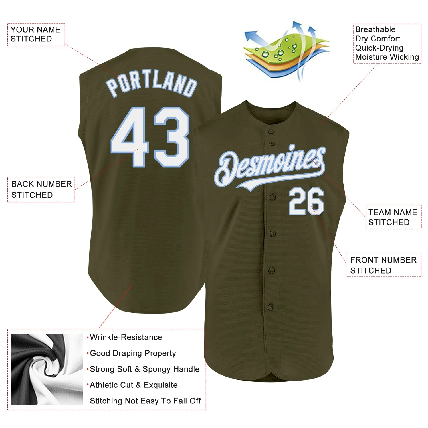 Custom Olive White-Light Blue Authentic Sleeveless Salute To Service Baseball Jersey