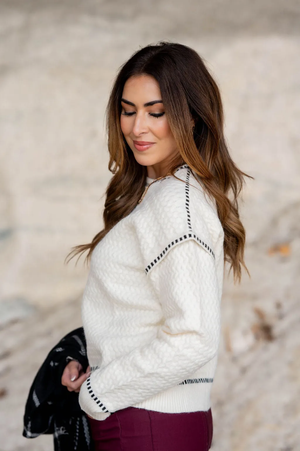 Dashed Trim Textured Sweater