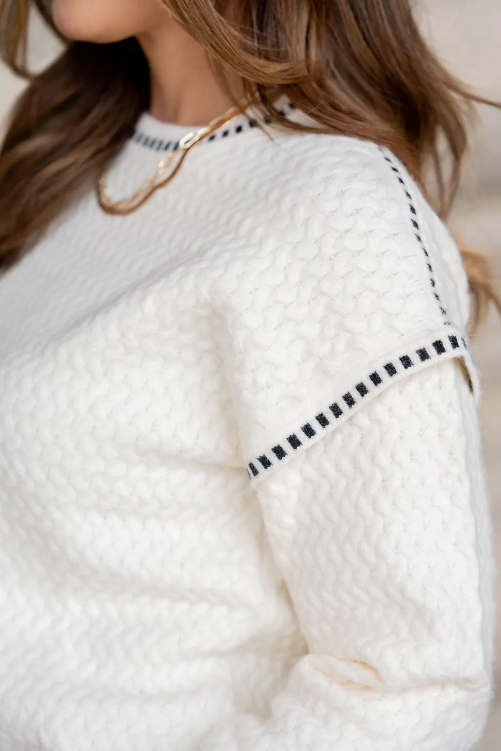 Dashed Trim Textured Sweater