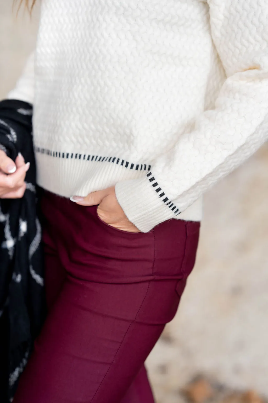 Dashed Trim Textured Sweater