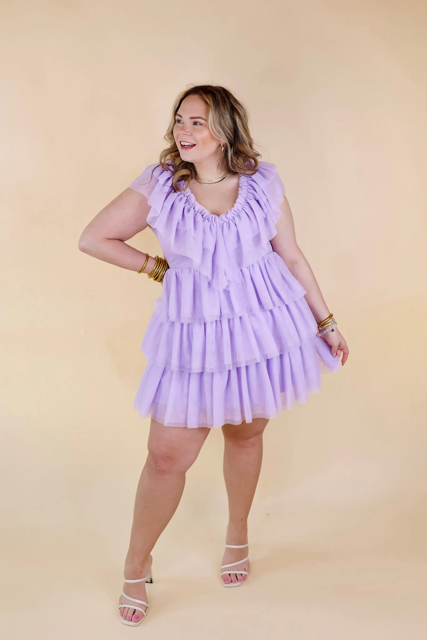 Dazzle The Room Tulle Tiered Dress in Lavender Purple