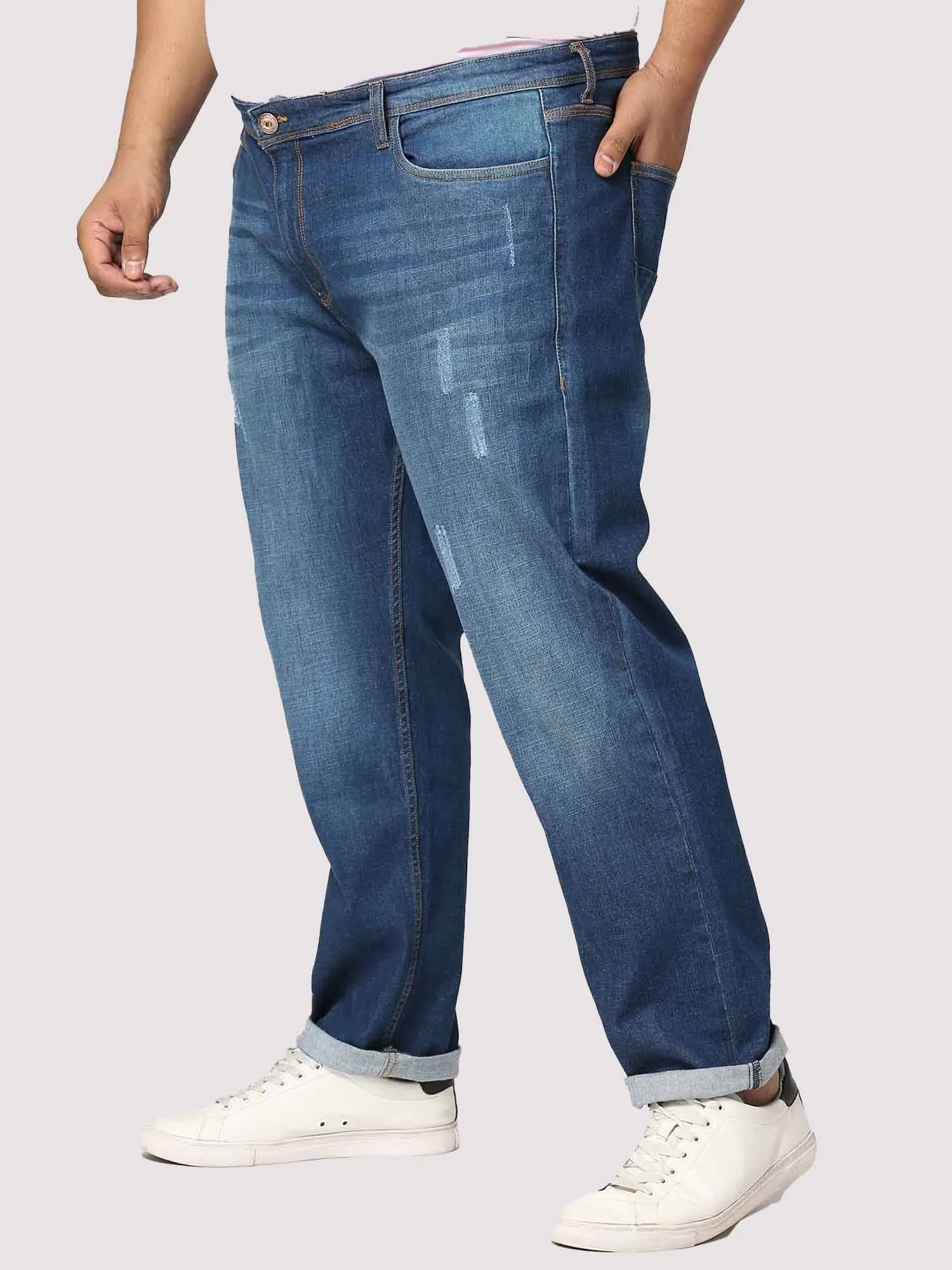 Deep Blue Distressed Stretchable Jeans Men's Plus Size