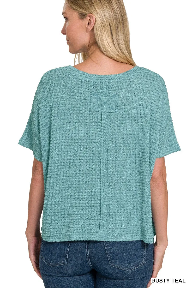 Drop Shoulder Jacquard Top Dusty Teal