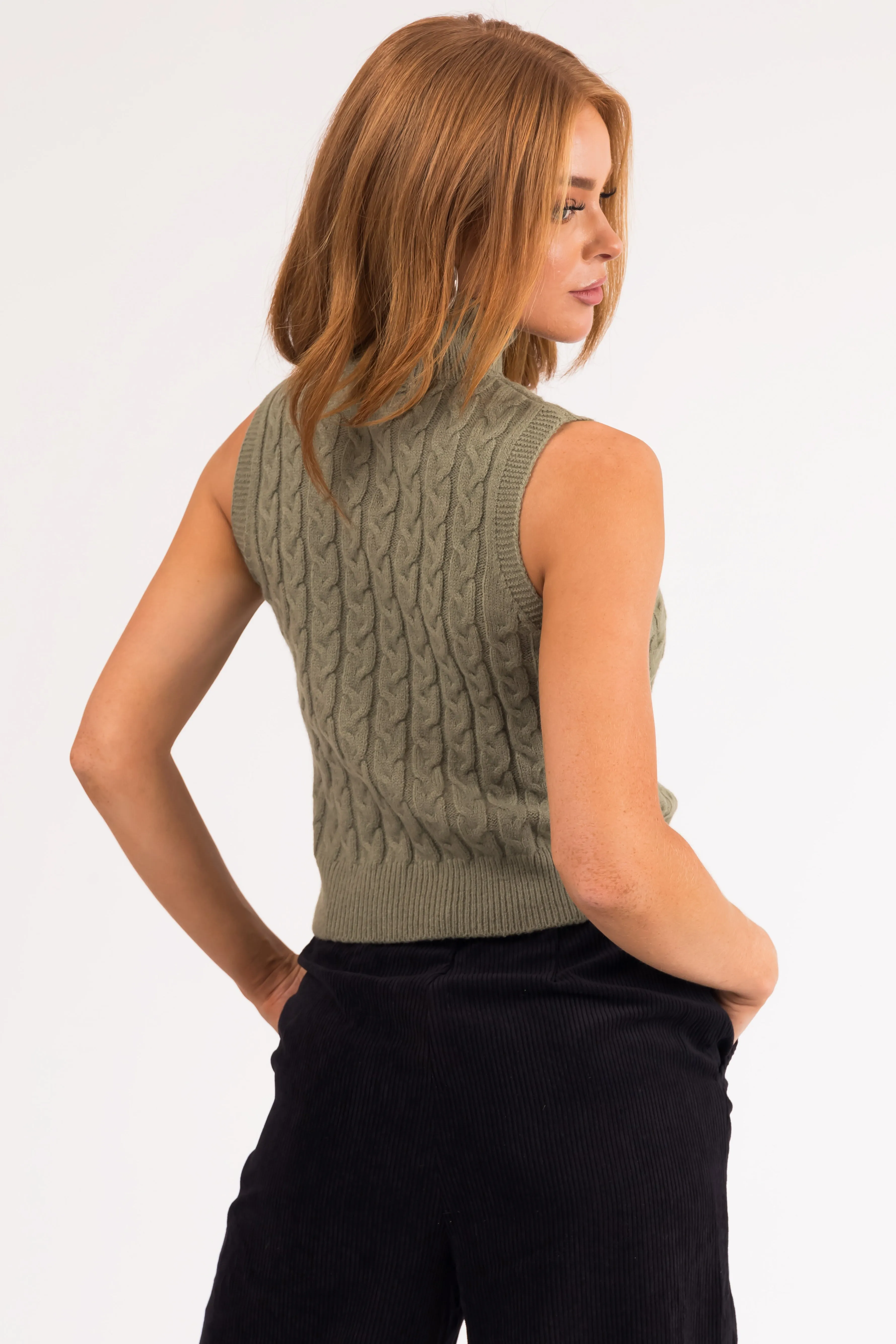 Dusty Olive Mock Neck Cable Knit Tank Top