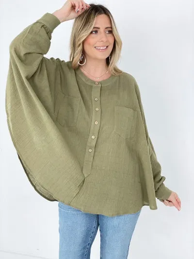 Easel Textured Cotton Linen Oversized Top - Ships from The US