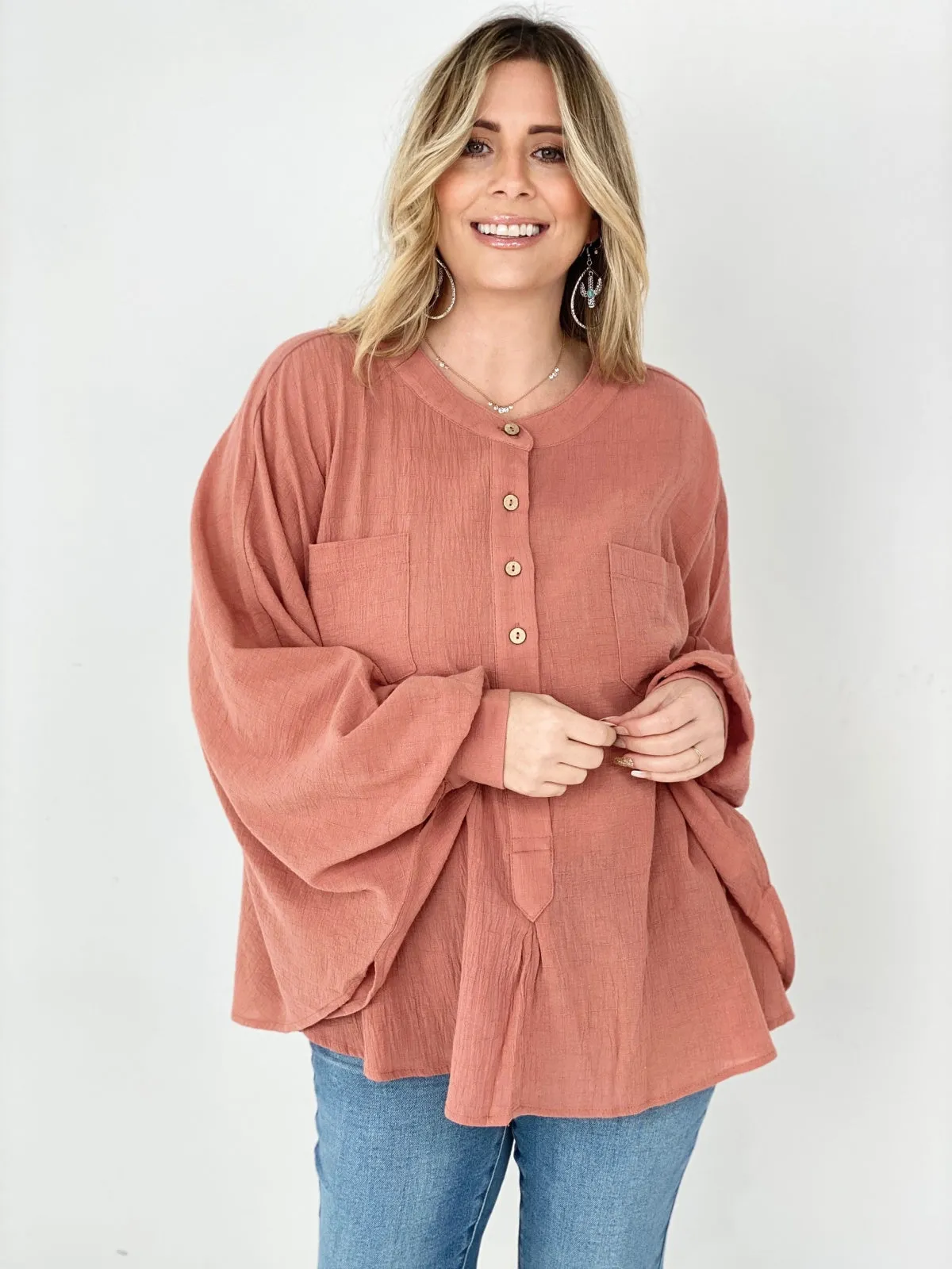 Easel Textured Cotton Linen Oversized Top - Ships from The US