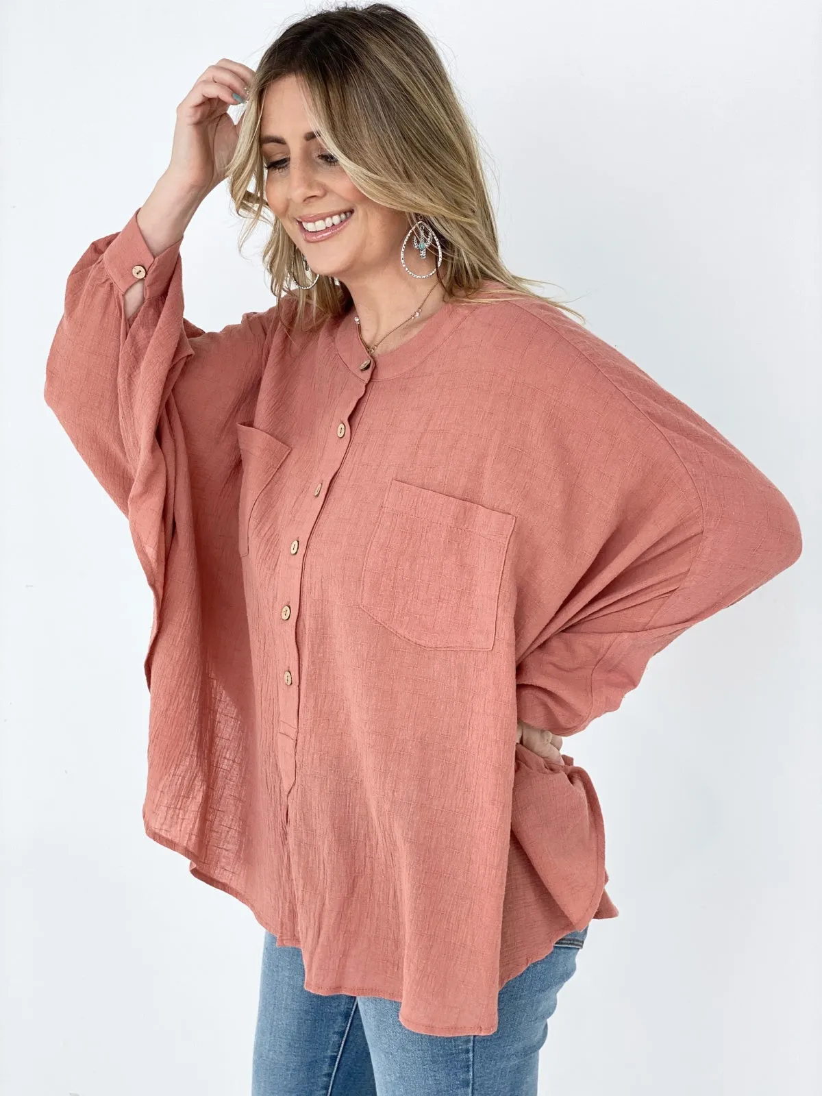 Easel Textured Cotton Linen Oversized Top - Ships from The US