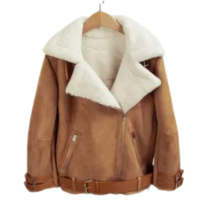 Eleanor Women’s Leather Aviator Jacket With Faux Fur Lining Tan