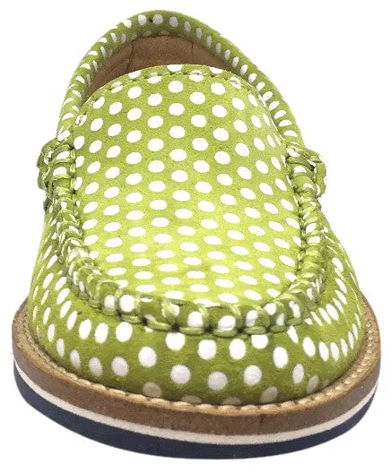 Fascani Girl's and Boy's Bright Olive Green Soft Suede Polka Dot Print Slip On Moccasin Loafer