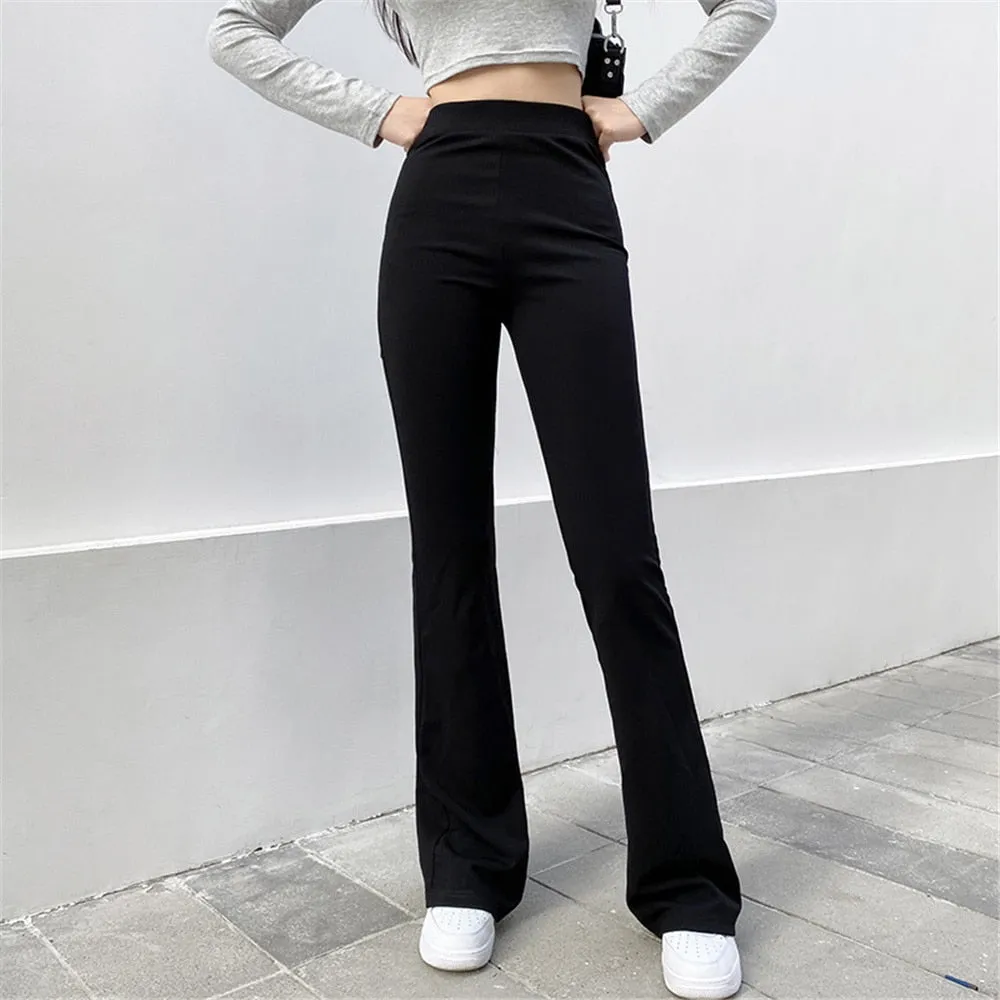 Fashionkova  All-Match Women Fashion Elastic Waist Black Flared Pants Solid Color High Waist Wide Leg Trousers Casual Hipster Streetwear