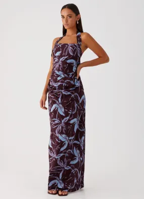 Fauna Halter Maxi Dress - Brown Purple Floral