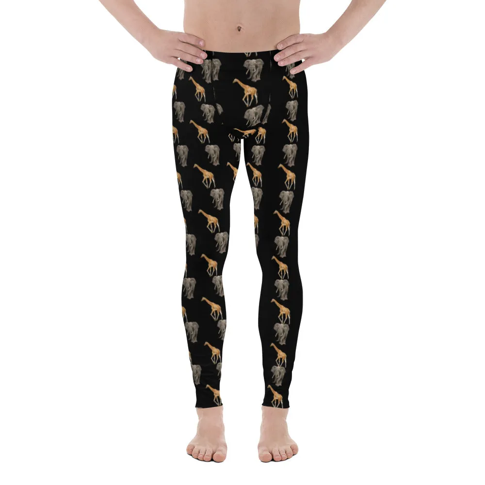 Giraffe and Elephant Men's Leggings, Jungle Animal Print Meggings Running Tights - Made in USA/EU