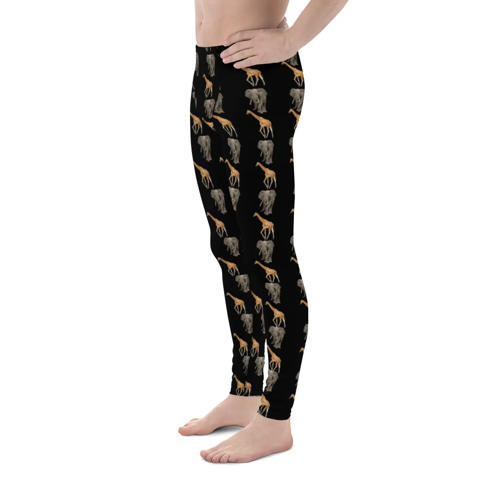 Giraffe and Elephant Men's Leggings, Jungle Animal Print Meggings Running Tights - Made in USA/EU