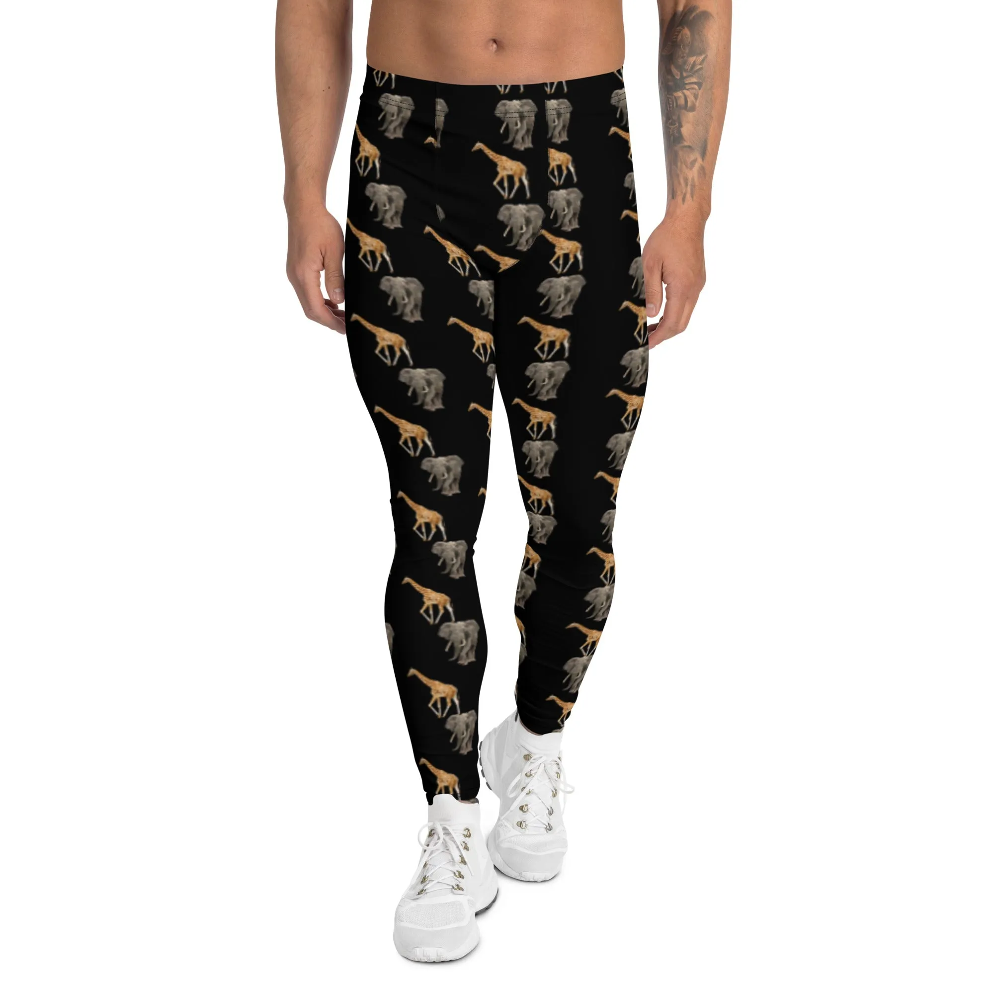 Giraffe and Elephant Men's Leggings, Jungle Animal Print Meggings Running Tights - Made in USA/EU