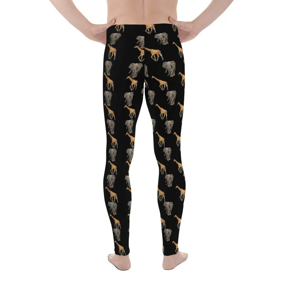 Giraffe and Elephant Men's Leggings, Jungle Animal Print Meggings Running Tights - Made in USA/EU