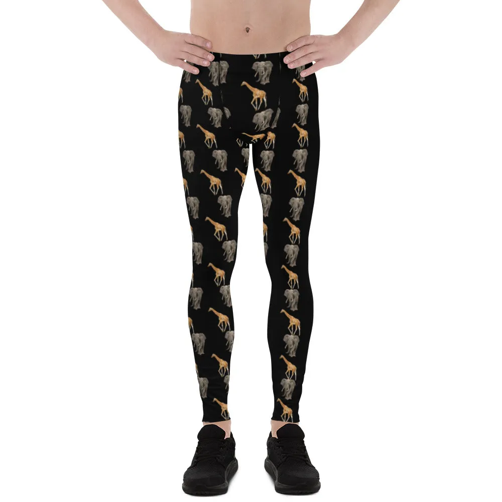 Giraffe and Elephant Men's Leggings, Jungle Animal Print Meggings Running Tights - Made in USA/EU