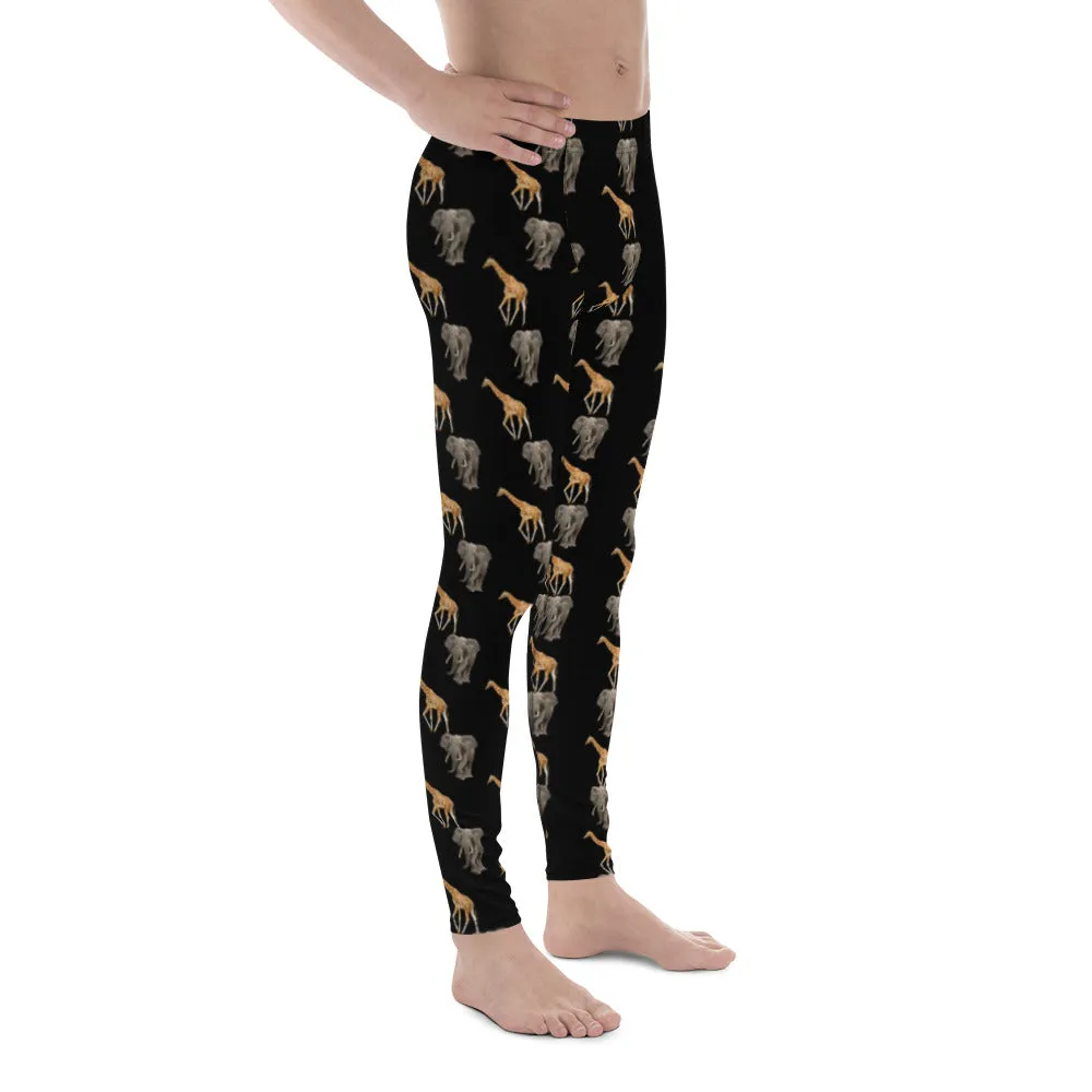 Giraffe and Elephant Men's Leggings, Jungle Animal Print Meggings Running Tights - Made in USA/EU