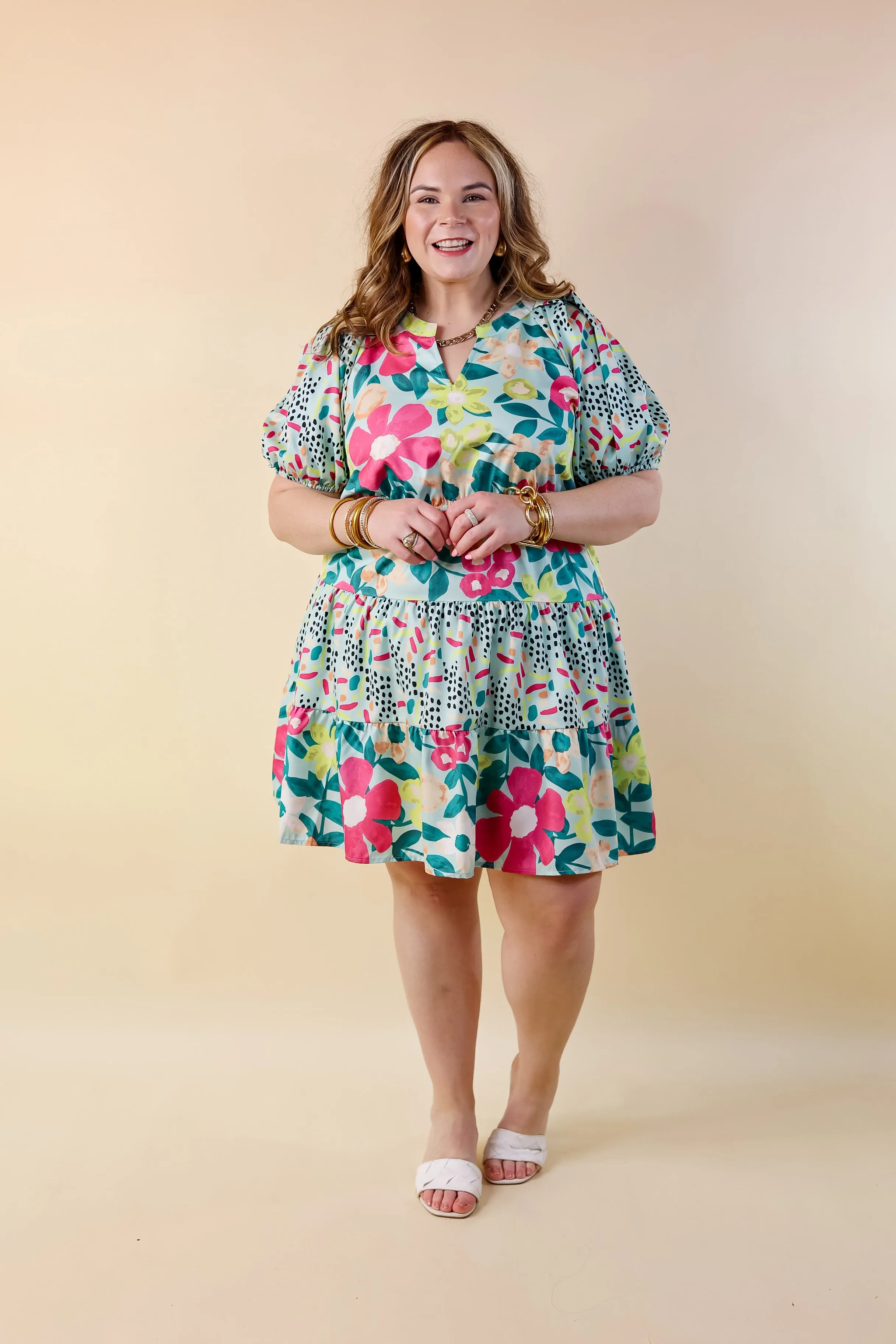 Gramercy Garden Floral Tiered Dress with Short Balloon Sleeves in Light Mint Blue Mix