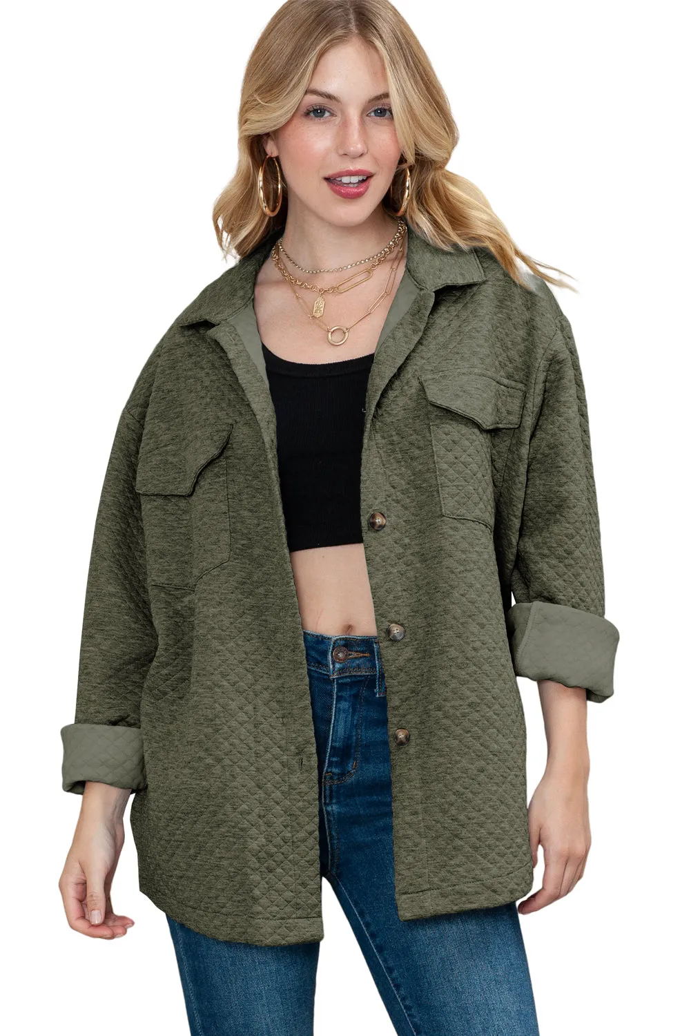 Green Lattice Texture Pockets Button Up Quilted Shacket