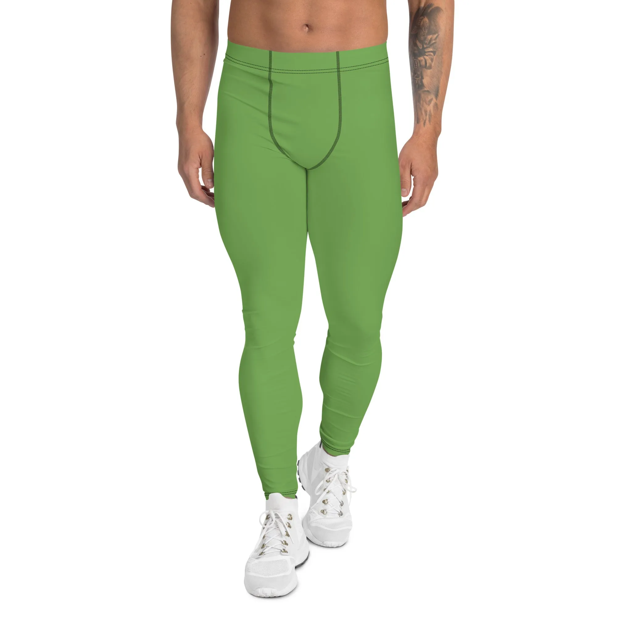 Green Solid Color Men's Leggings, Pastel Matcha Green Color Modern Meggings-Made in USA/EU/MX