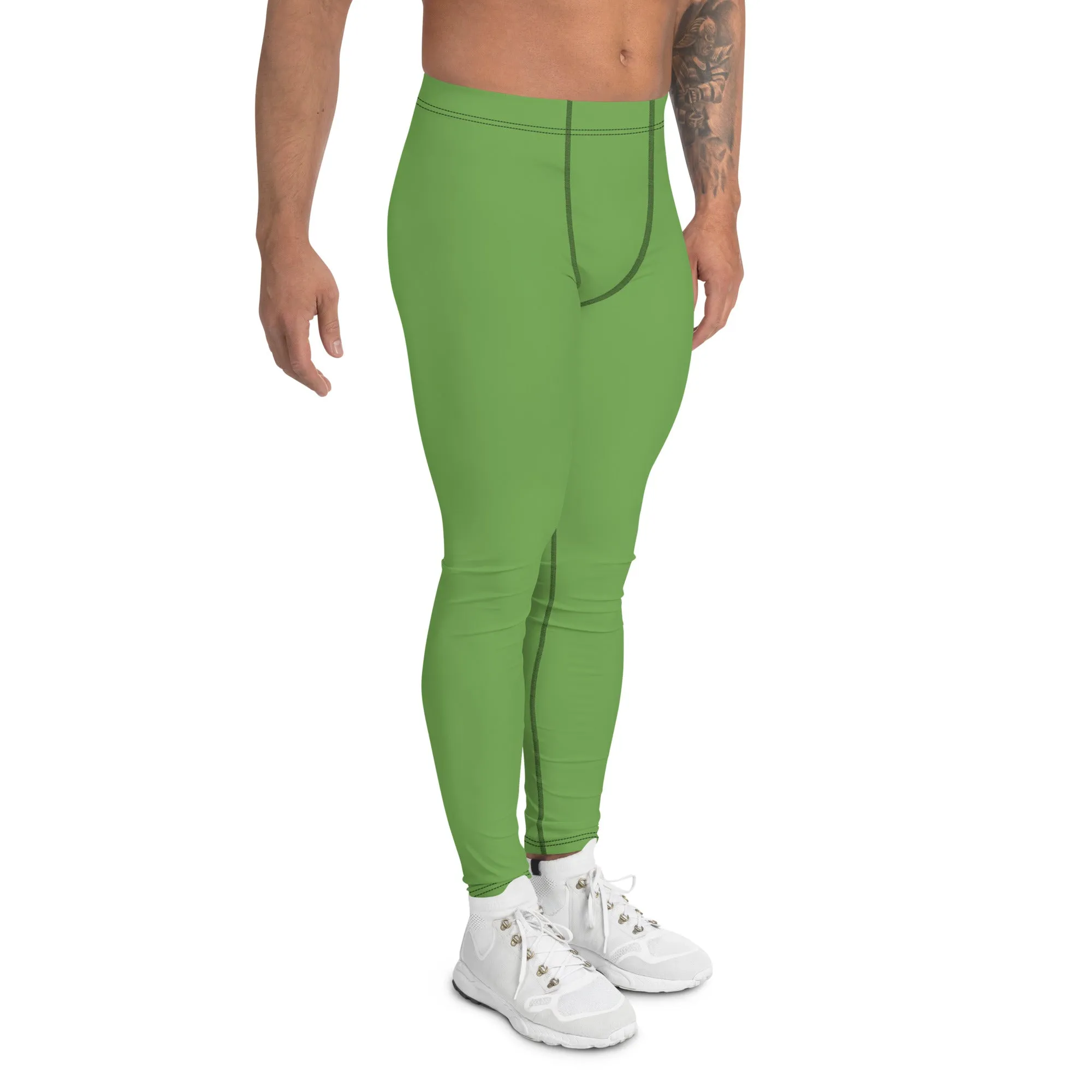 Green Solid Color Men's Leggings, Pastel Matcha Green Color Modern Meggings-Made in USA/EU/MX