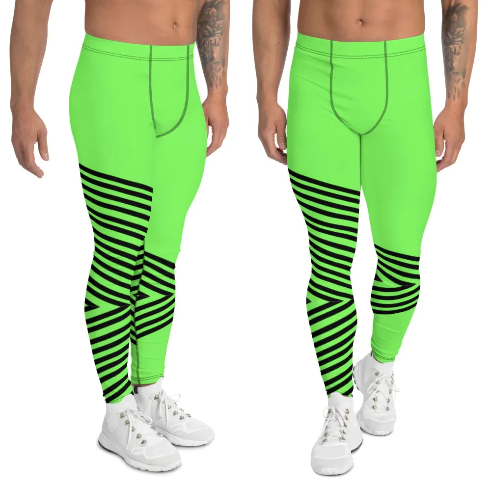 Green Striped Men's Leggings, Vertical Stripes Circus Meggings Running Tights-Made in USA/EU