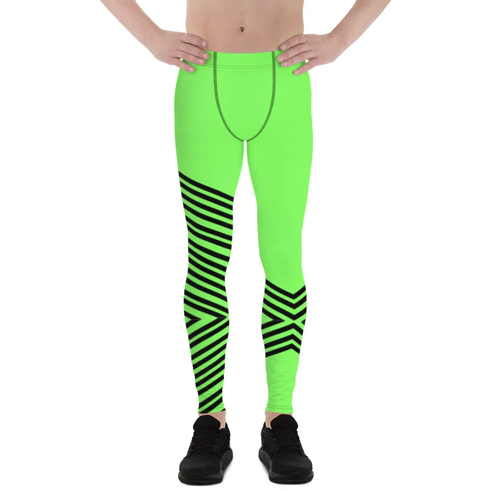 Green Striped Men's Leggings, Vertical Stripes Circus Meggings Running Tights-Made in USA/EU