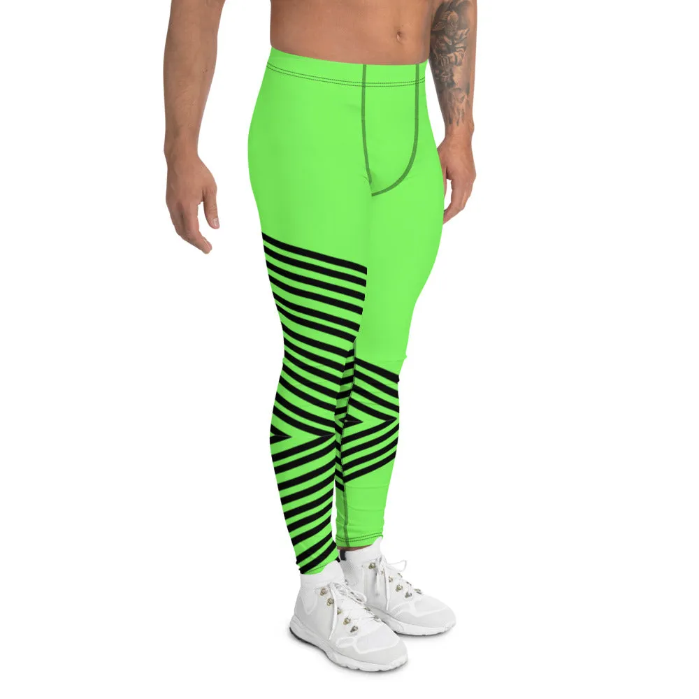 Green Striped Men's Leggings, Vertical Stripes Circus Meggings Running Tights-Made in USA/EU