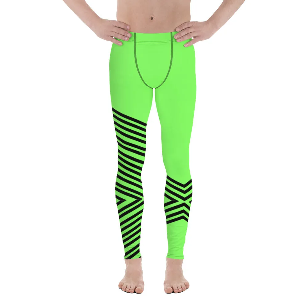 Green Striped Men's Leggings, Vertical Stripes Circus Meggings Running Tights-Made in USA/EU