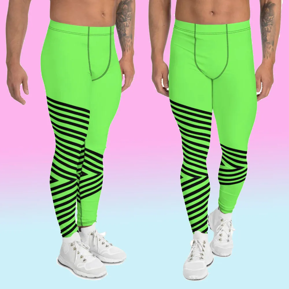 Green Striped Men's Leggings, Vertical Stripes Circus Meggings Running Tights-Made in USA/EU