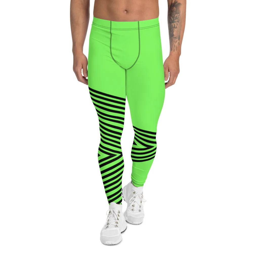 Green Striped Men's Leggings, Vertical Stripes Circus Meggings Running Tights-Made in USA/EU