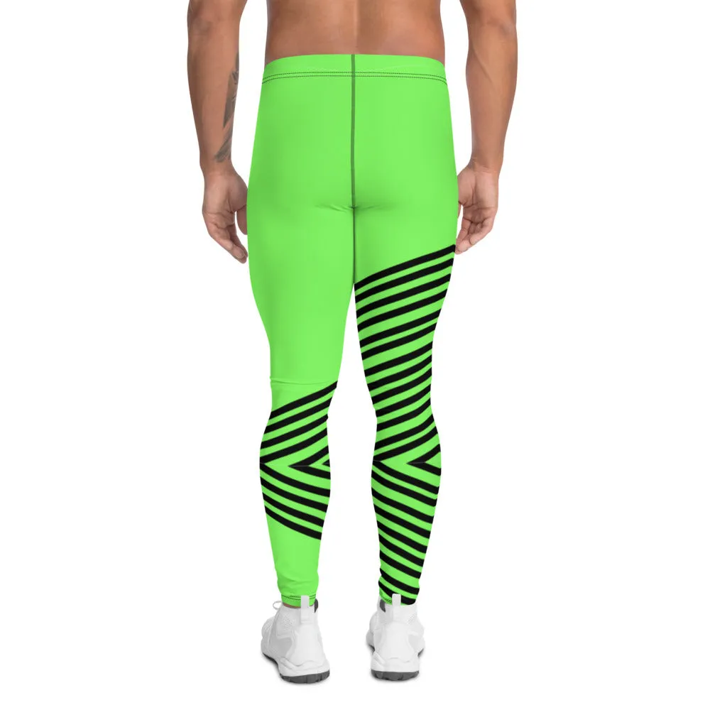 Green Striped Men's Leggings, Vertical Stripes Circus Meggings Running Tights-Made in USA/EU