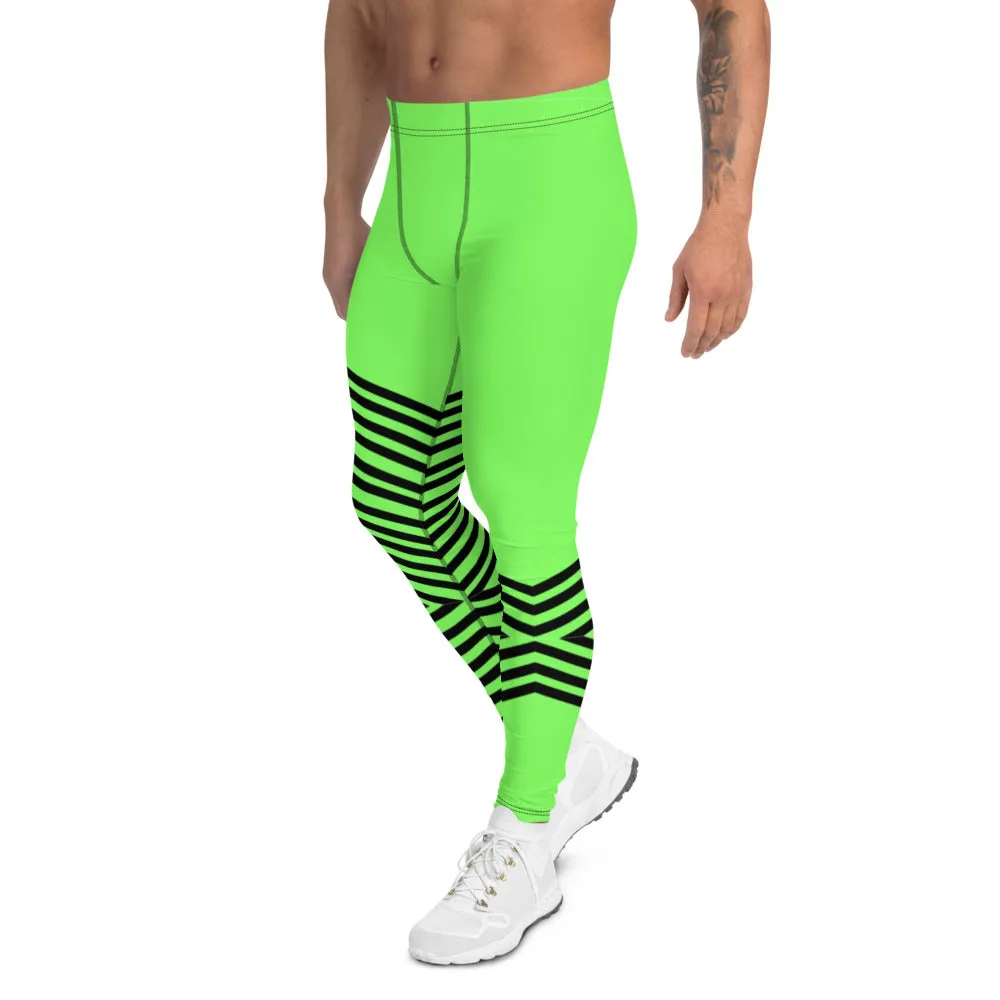 Green Striped Men's Leggings, Vertical Stripes Circus Meggings Running Tights-Made in USA/EU