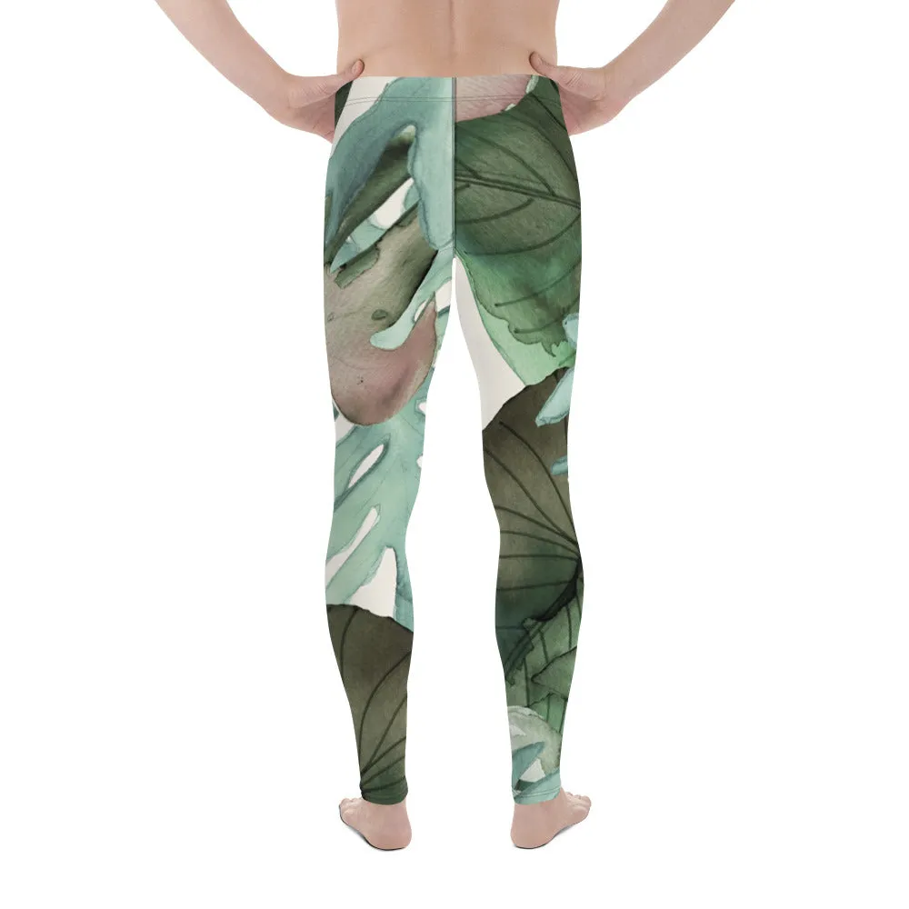 Green Tropical Leaf Men's Leggings, Tropical Leaves Print Designer Running Compression Tights For Men - Made in USA/EU/MX