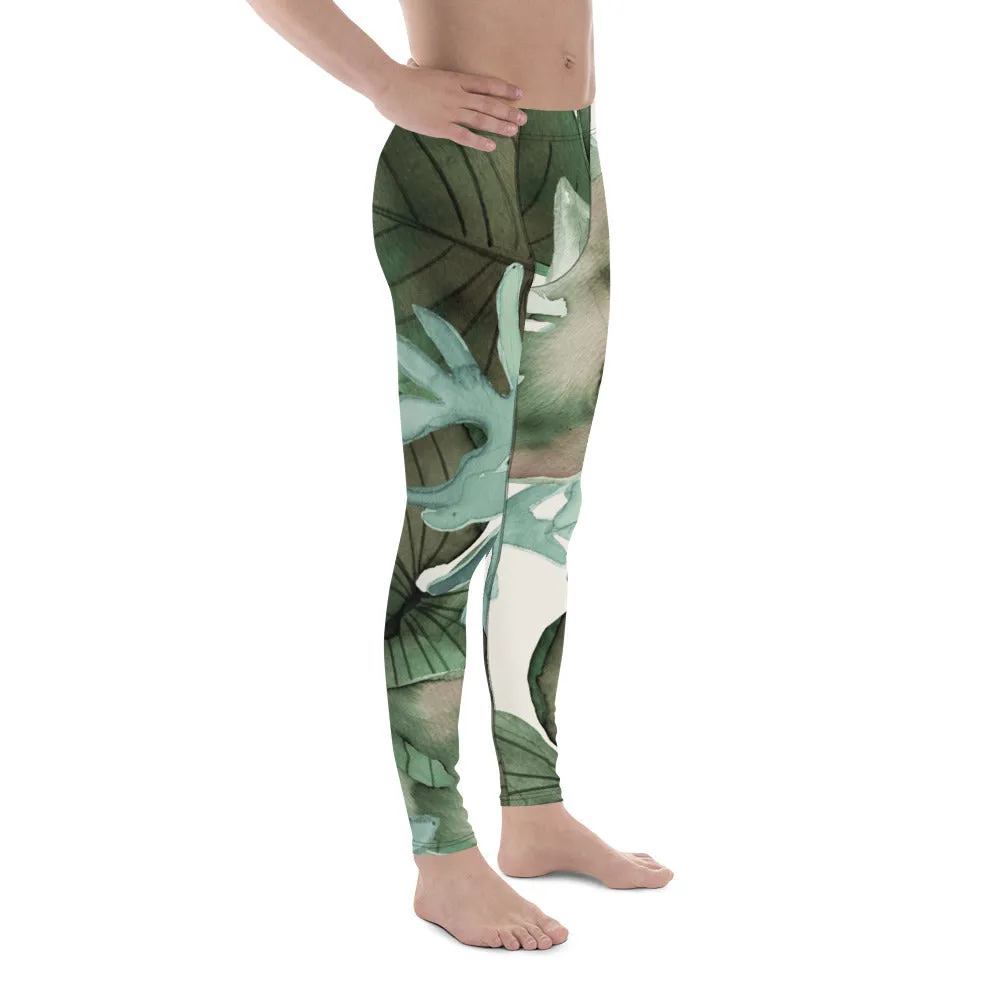 Green Tropical Leaf Men's Leggings, Tropical Leaves Print Designer Running Compression Tights For Men - Made in USA/EU/MX