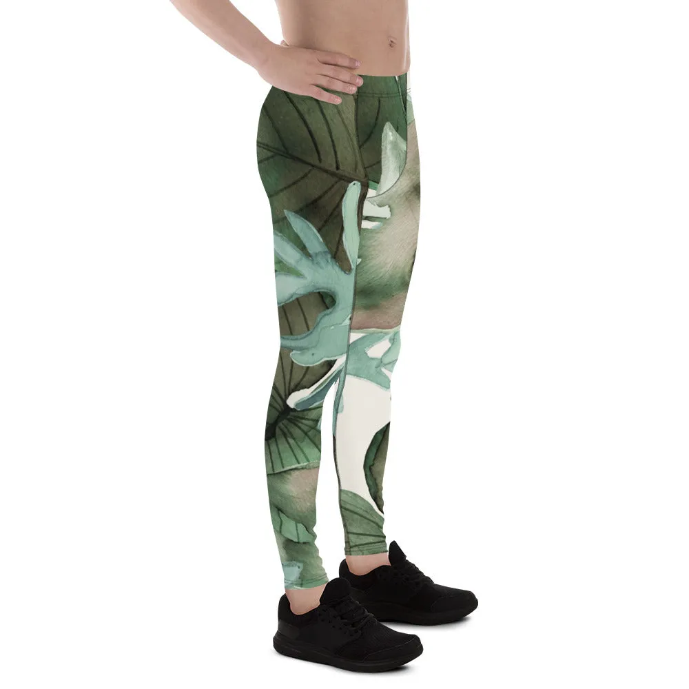 Green Tropical Leaf Men's Leggings, Tropical Leaves Print Designer Running Compression Tights For Men - Made in USA/EU/MX