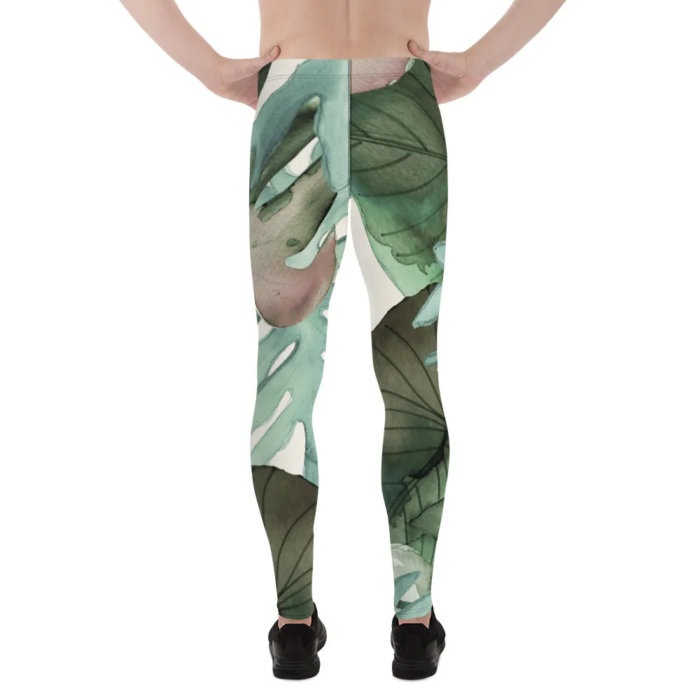 Green Tropical Leaf Men's Leggings, Tropical Leaves Print Designer Running Compression Tights For Men - Made in USA/EU/MX