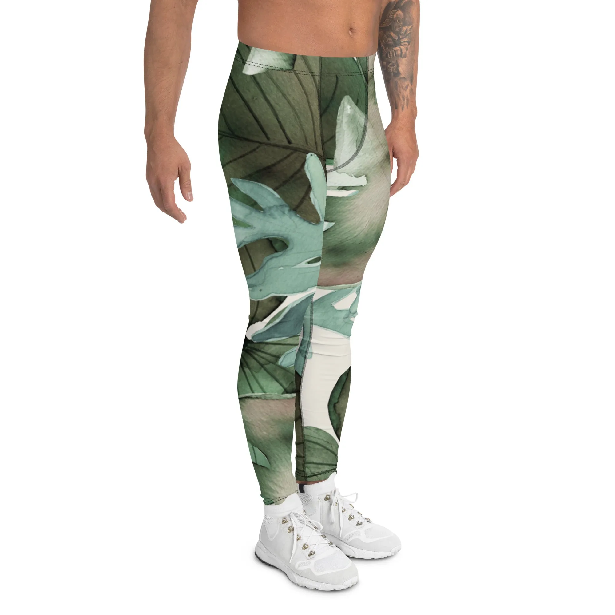 Green Tropical Leaf Men's Leggings, Tropical Leaves Print Designer Running Compression Tights For Men - Made in USA/EU/MX