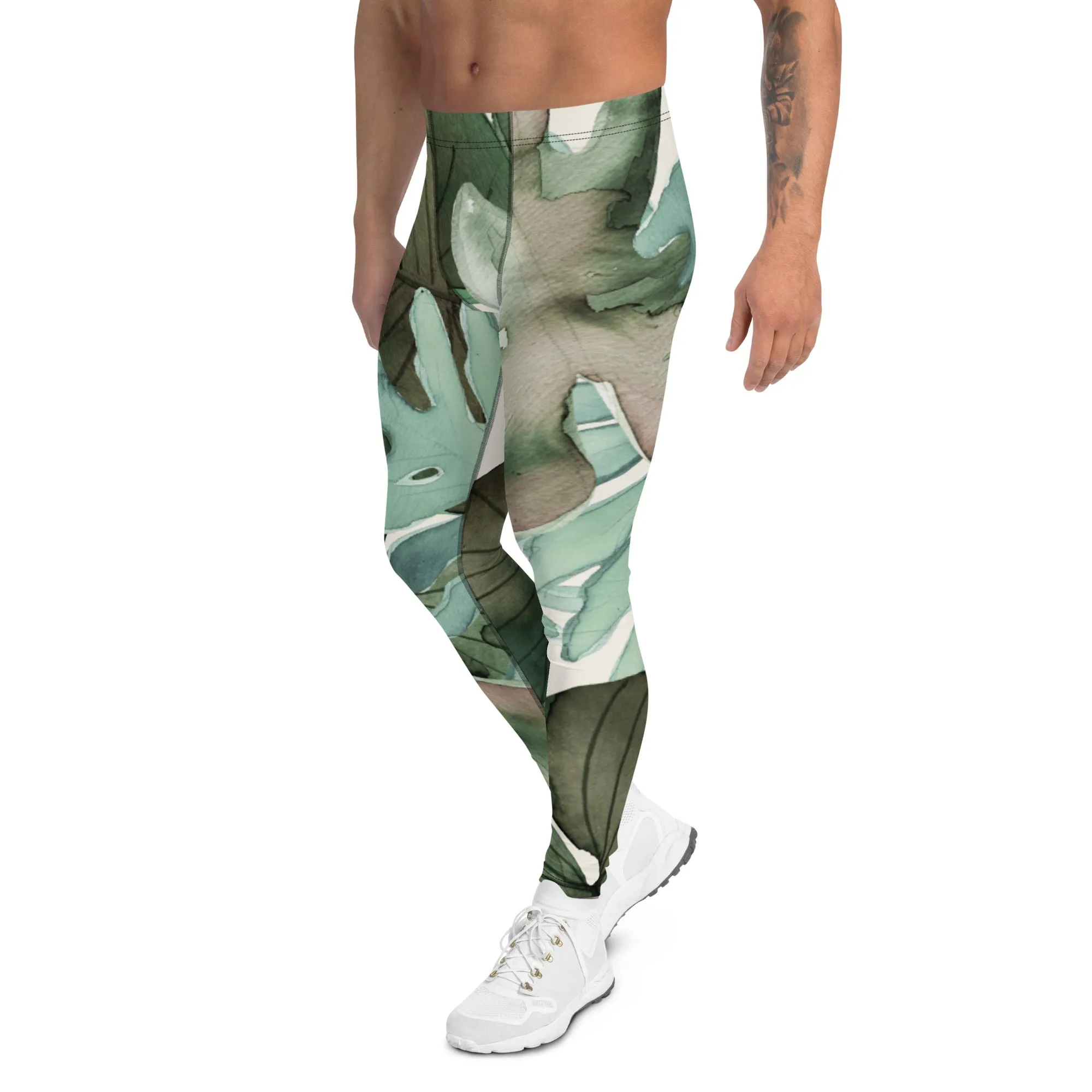 Green Tropical Leaf Men's Leggings, Tropical Leaves Print Designer Running Compression Tights For Men - Made in USA/EU/MX