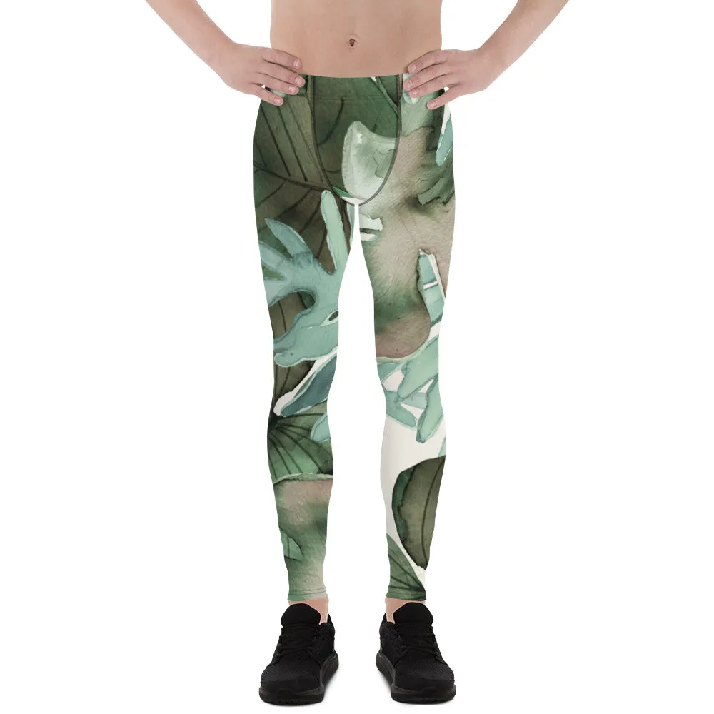 Green Tropical Leaf Men's Leggings, Tropical Leaves Print Designer Running Compression Tights For Men - Made in USA/EU/MX