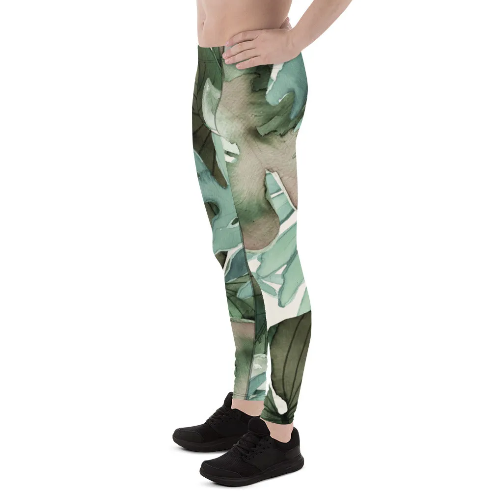 Green Tropical Leaf Men's Leggings, Tropical Leaves Print Designer Running Compression Tights For Men - Made in USA/EU/MX