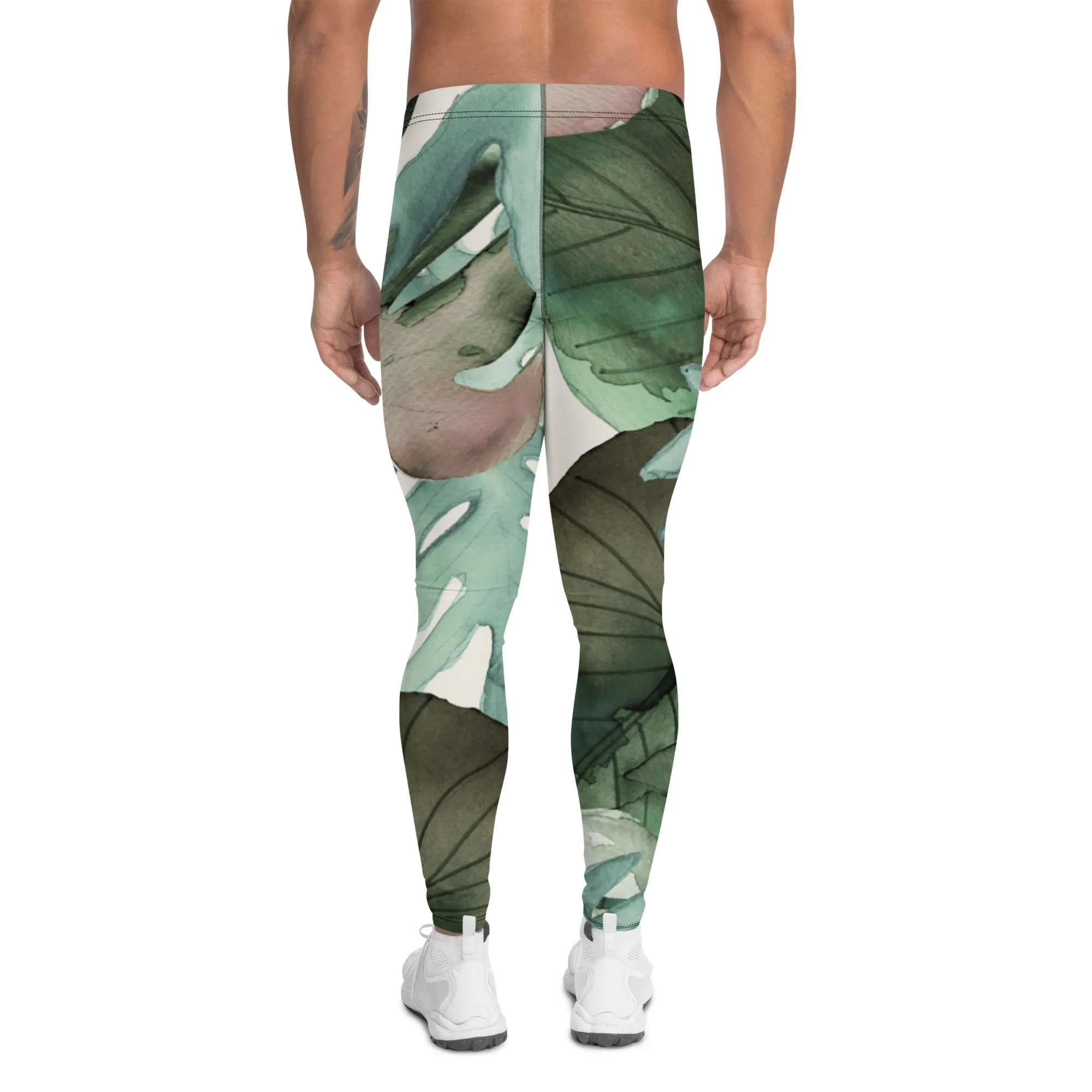 Green Tropical Leaf Men's Leggings, Tropical Leaves Print Designer Running Compression Tights For Men - Made in USA/EU/MX