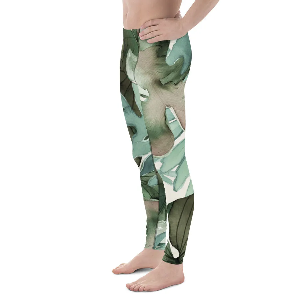 Green Tropical Leaf Men's Leggings, Tropical Leaves Print Designer Running Compression Tights For Men - Made in USA/EU/MX